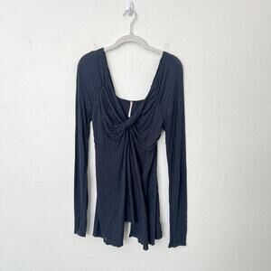 [Free People] Navy Blue Twisted Bust Open Front Slit Long Sleeve Top Sz Medium M